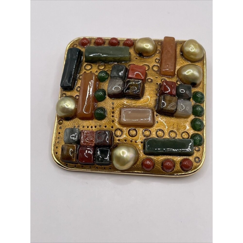 VINTAGE SIGNED MICHAL GOLAN SEMI PRECIOUS STONES PEARL PIN BROOCH PENDANT A7